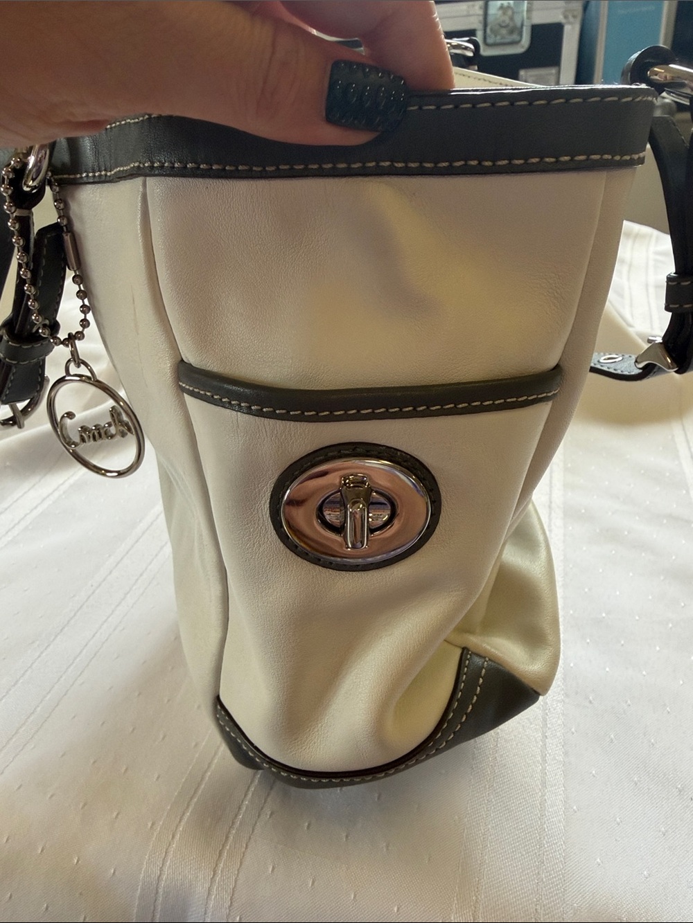 Coach Two-Tone Cream and Dark Gray Leather Tote - Picture 6 of 7
